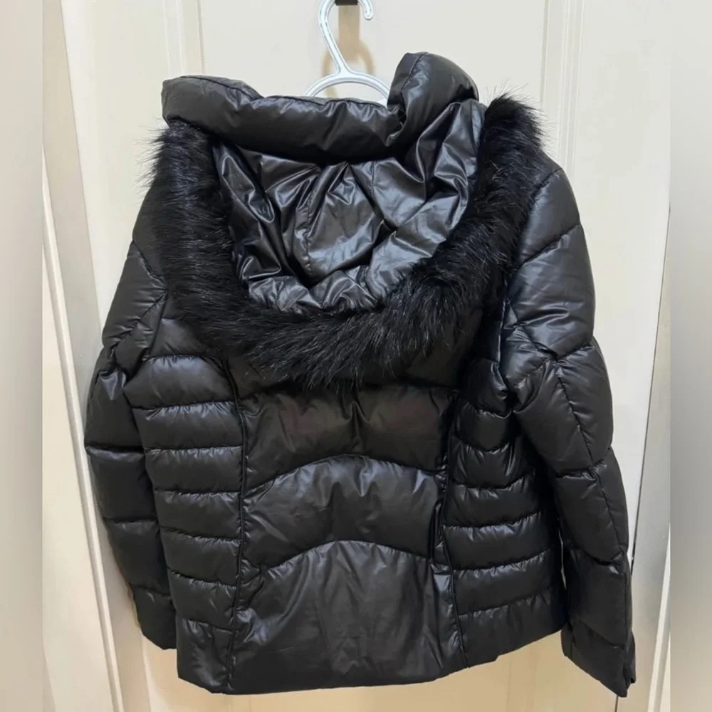 GUESS Black Shiny Puffer With Faux Fur Hoodie Ladies Size XL - Picture 5 of 12